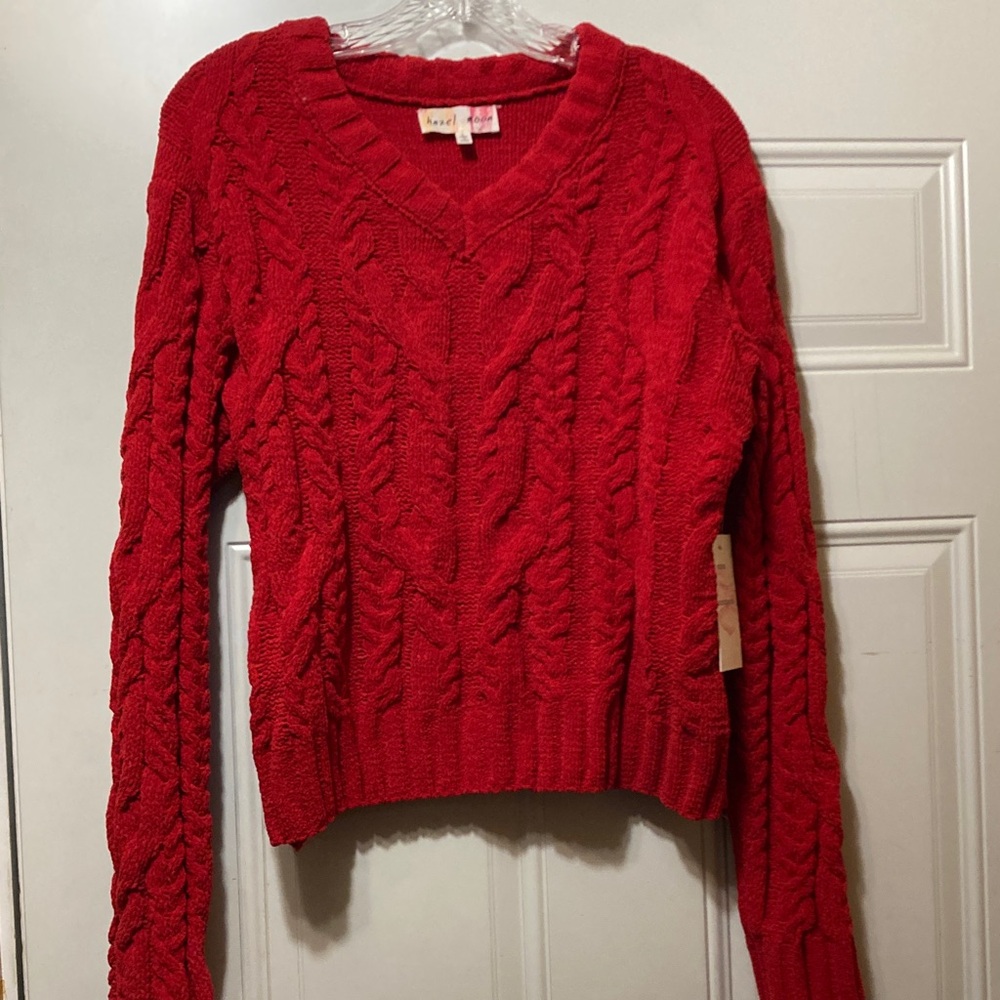 Hazel Moon‎ Red V-Neck Cable Knit Sweater L NWT